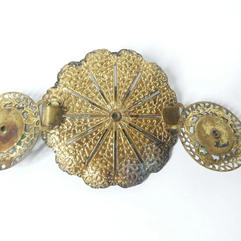 Metal Flower Link Belt w/ Carved Green Glass 26